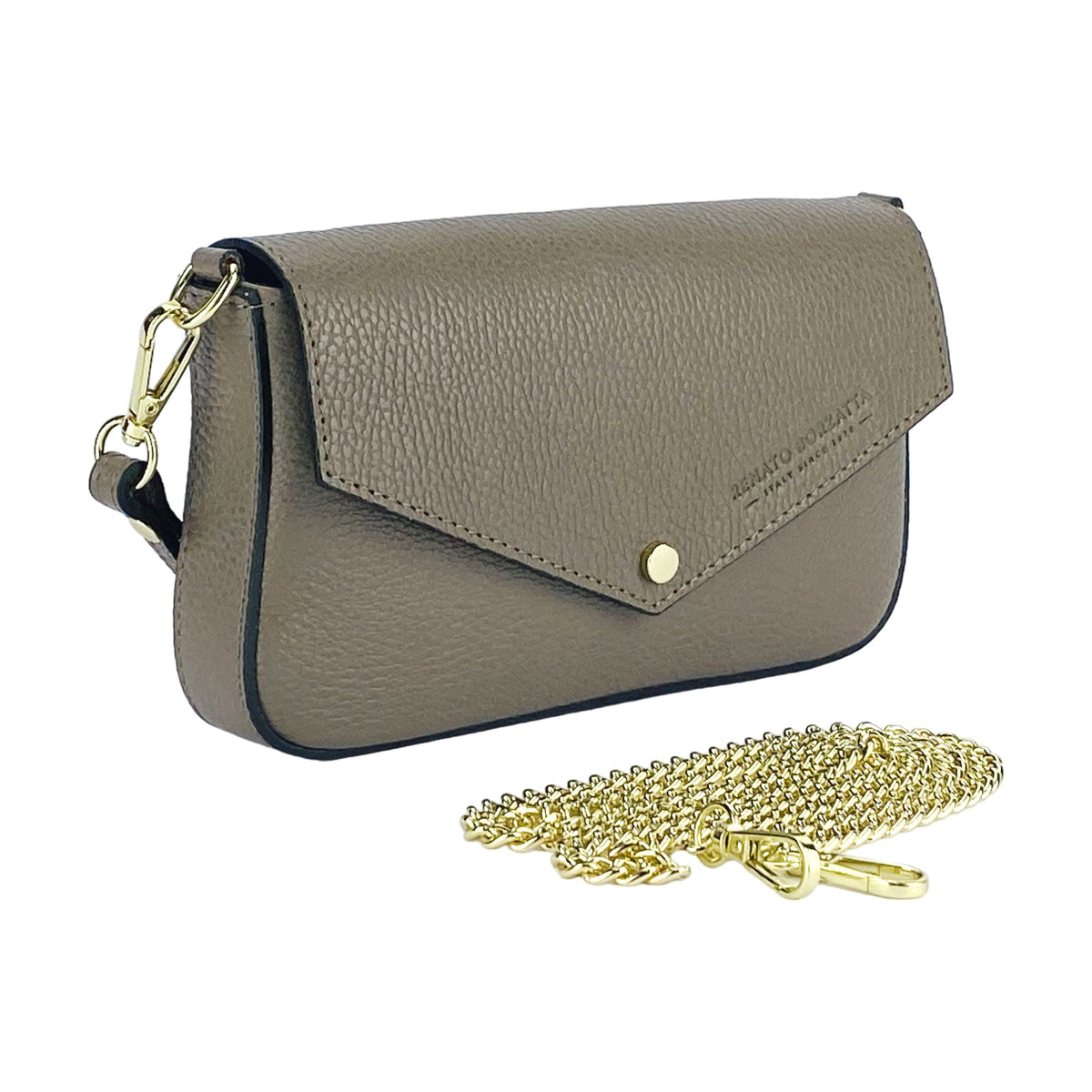 RB1023AQ | Borsa piccola in vera pelle Made in Italy con tracolla a catena removibile, tortora